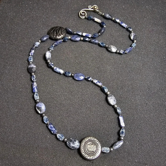 Blue Jasper Beaded Necklace With Silver Tone Greek Key Motif Center Bead 30 In - Picture 1 of 8